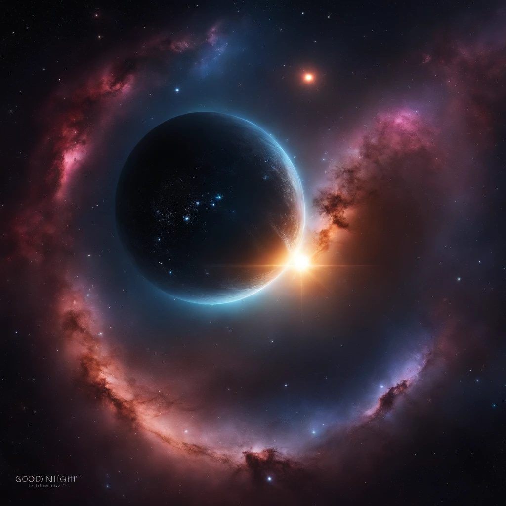 Realistic space beautiful planets stars and stellar nebulae,
In the center there is an inscription made of stars,
written "Good night "