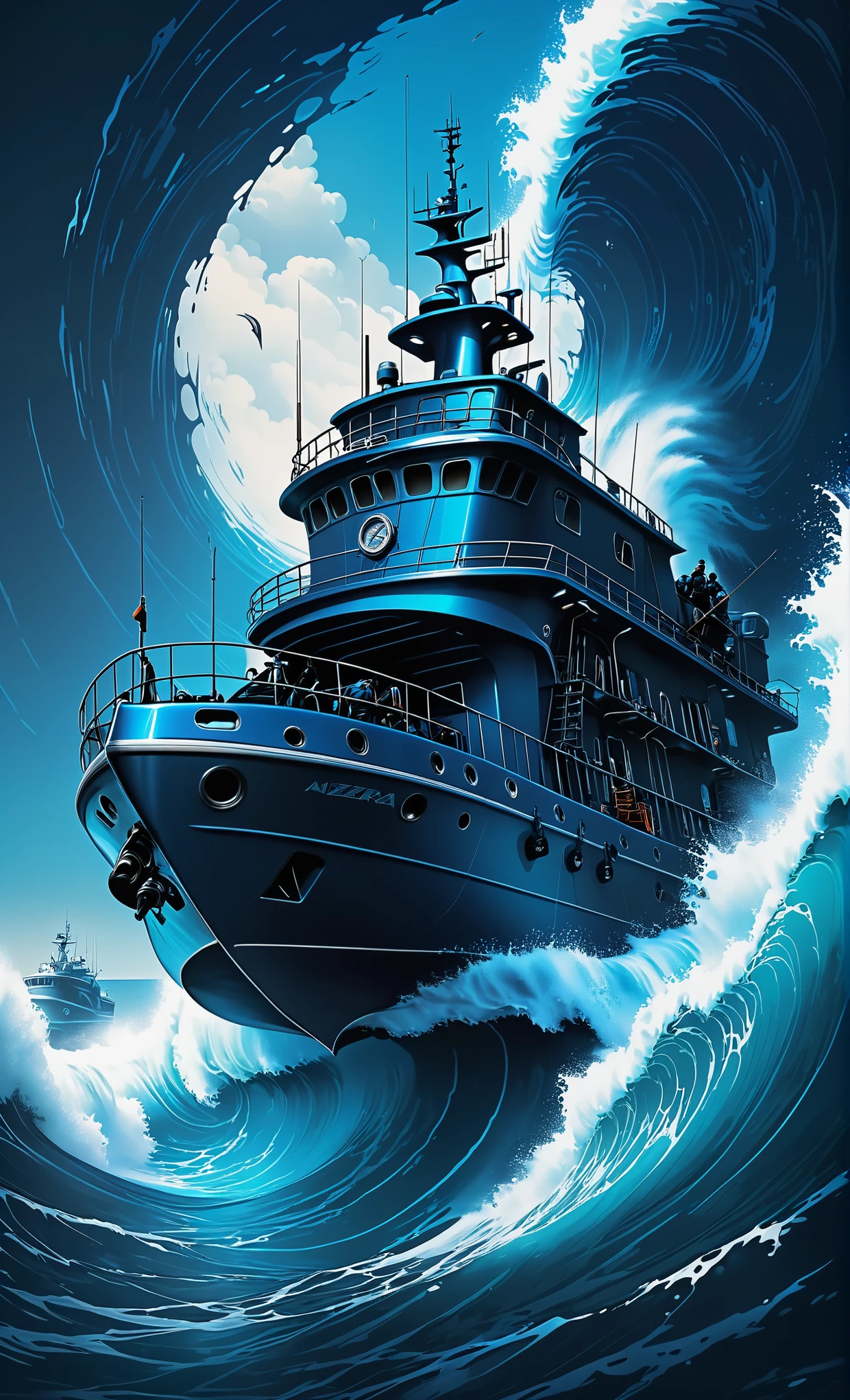 Nazare Nautica vol.2 - Fishing cutters and deep divers, by Luis Duarte, Nanopunk, blue shading, Nazare style, Element Water, Mythpunk, Graphic Interface, Space Art, Sci-Fic Art, Dark Influence, NijiExpress 3D v3, Kinetic Art, Datanoshing, Oilpainting, Ink v3, Splash style, Abstract Art, Abstract Tech, Cyber Tech Elements, Futuristic, Epic style, Illustrated v3, Deco Influence, AirBrush style, drawing