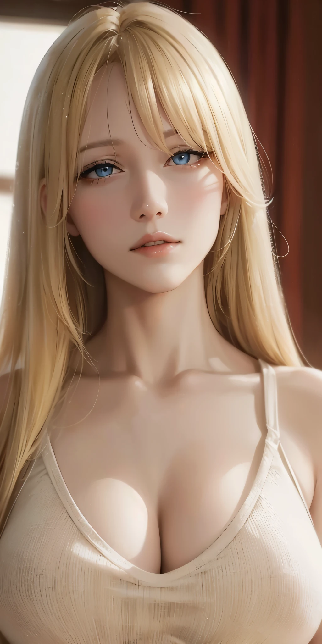 Elegant adult woman, blonde hair, long hair, bangs, tank top, cleavage, soft light, high quality, 4k resolution