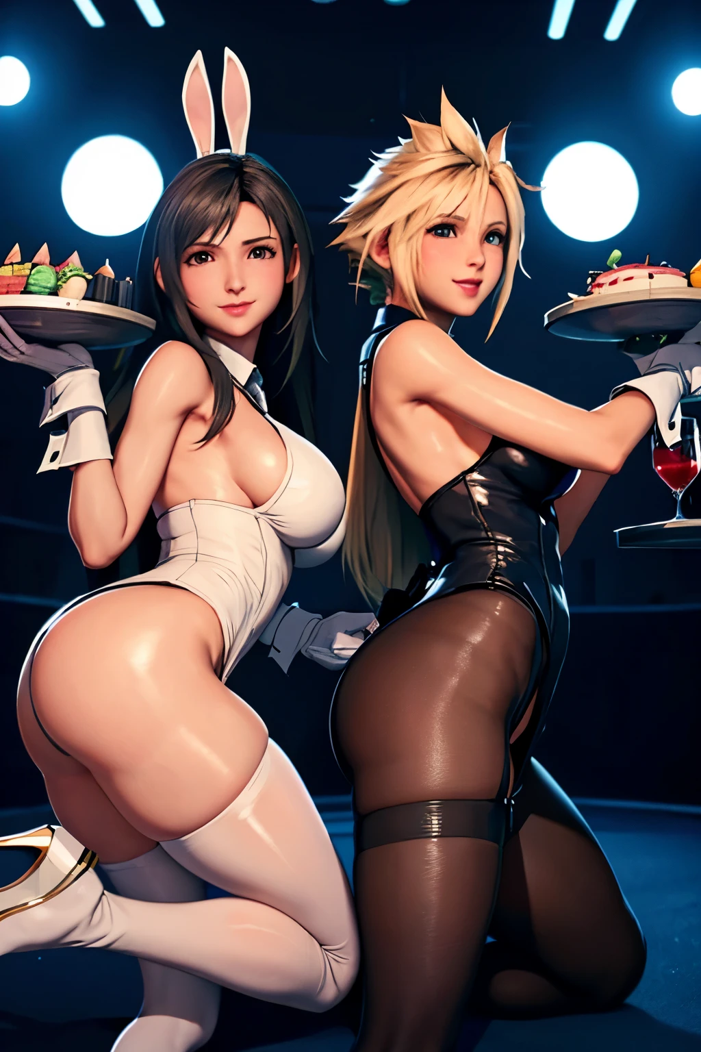 (high quelity), (2 girls), Female Cloud Strife, Tifa Lockhart, black bunny suit, white bunny suit, thight stockings, high heels, tray on a hand, sexy smile, light blush, looking at viewer, huge breasts, precise hands, sexy pose