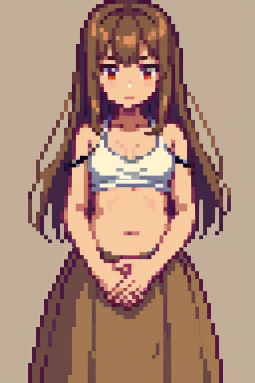 ((best quality)), ((masterpiece)), (detailed), perfect face, tan skin anime girl in a deep V Neck top, (bare shoulders), (long skirt), famished in hunger, (gently resting hands on stomach), (long hair), (hands on her stomach), (embarrassed expression)