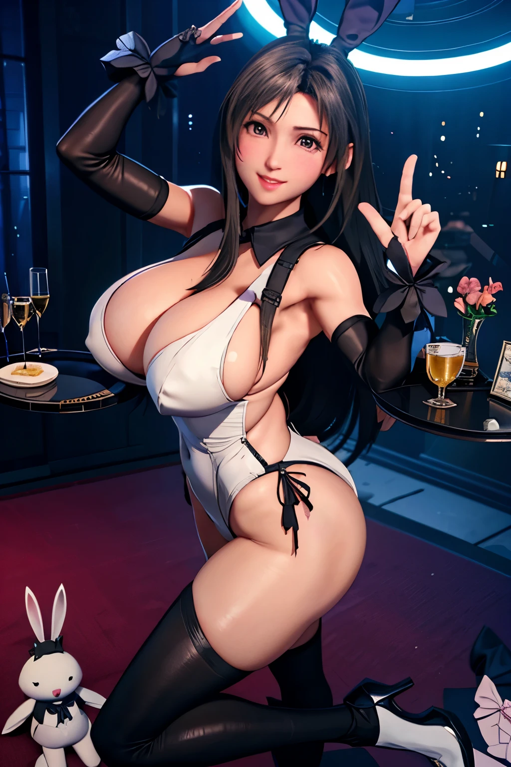 (high quelity), (2 girls), Female Cloud Strife, Tifa Lockhart, black bunny suit, white bunny suit, thight stockings, high heels, tray on a hand, sexy smile, light blush, looking at viewer, huge breasts, precise hands, detailed face, sexy pose