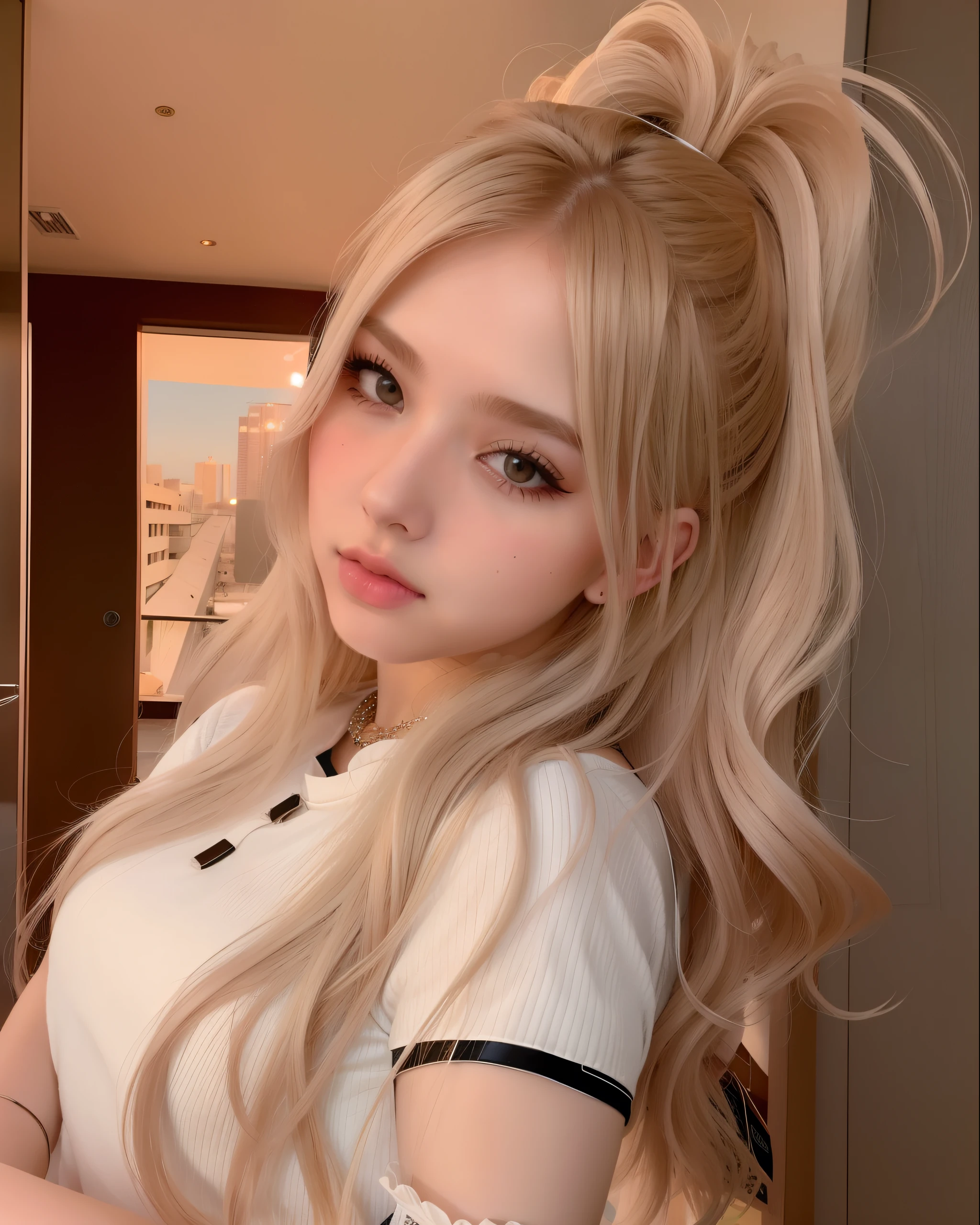 mulher loira com cabelos longos e uma camisa branca posando para uma foto, Retrato de Kim Petras, uma garota com cabelo loiro, Ava Max, Longos cabelos loiros e olhos grandes, Yelena Belova, cabelo loiro e olhos grandes,  de 19 anos, Anna Nikolanova aka Newmilky, Lalisa Manobal, 18 anos de idade