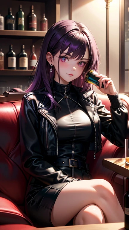 (best quality:1.1), (Masterpiece:1.2), High quality shadow, beautiful details, Beautiful face, Detailed eyes, depth of field, high resolution, best shadow, best light, 1 girl, see the audience, shiny purple hair, smooth, blunt, long hair, ruby pink eyes, shy, Very big breasts, pump, Single strap shirt, black leather jacket, black leather skirt, table, glass, liquor bottle, night time, rift, eyes, pub bar background, sexy woman, cold, pov, Cool Woman ,ear jewelry, cross-legged sitting, sofa,(SFW)