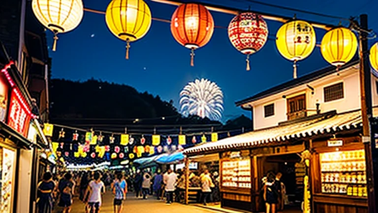 Countryside summer festival、Gion Festival、Opening a store、stall、firework、The kids、