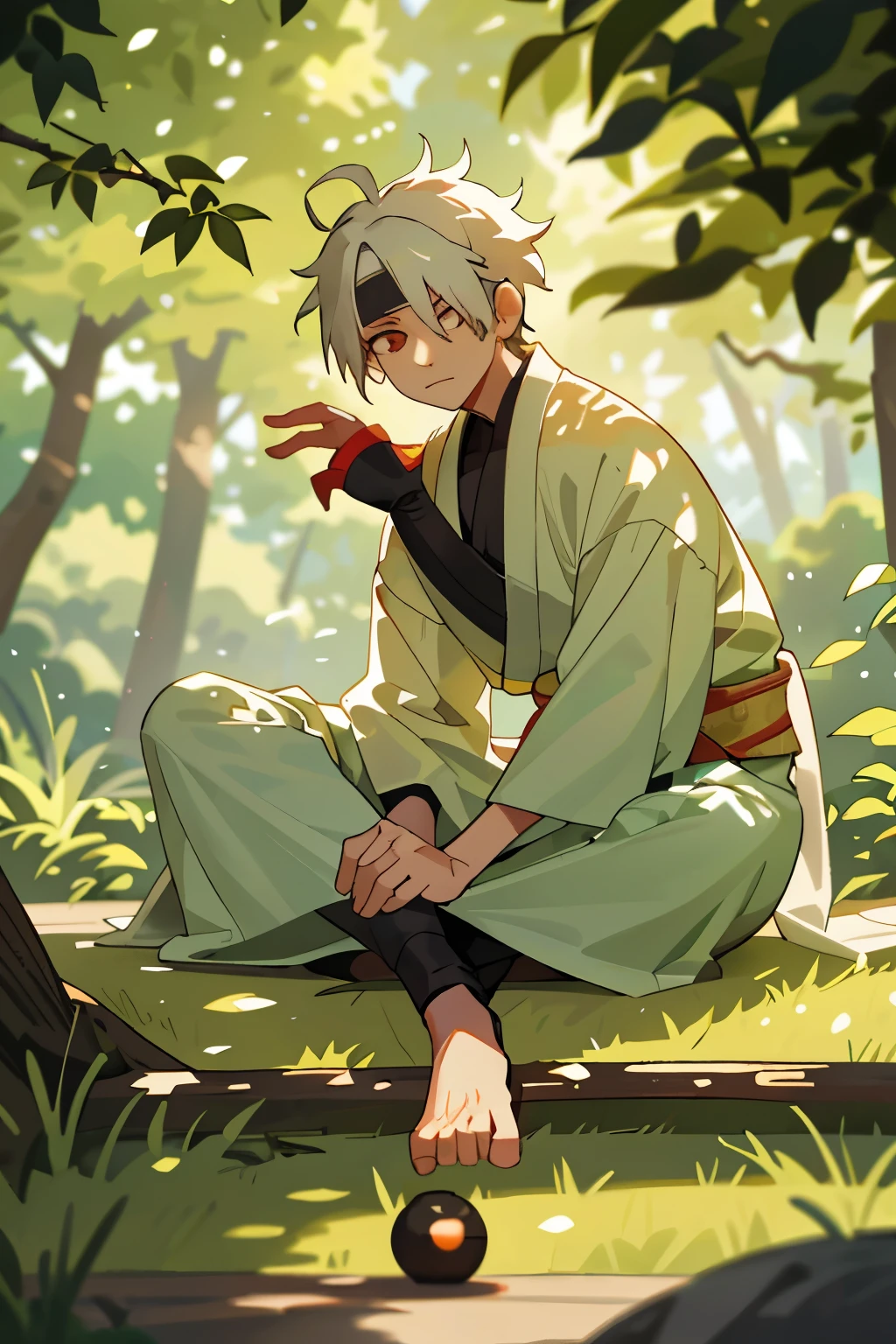 Anime character Kakashi Hatake from Naruto, clad in a flowing kimono, sits alone under the shade of a grand old tree. Leaves gently rustle in the breeze, creating a tranquil ambiance. Kakashi's serious expression softens as he indulges in a solitary picnic, his iconic Sharingan eye still visible beneath the hem of his kimono sleeve. The sun casts dappled light through the foliage, illuminating Kakashi's features with a warm, golden glow. Despite his loner persona, a sense of peaceful contentment radiates from the legendary Ninja master.