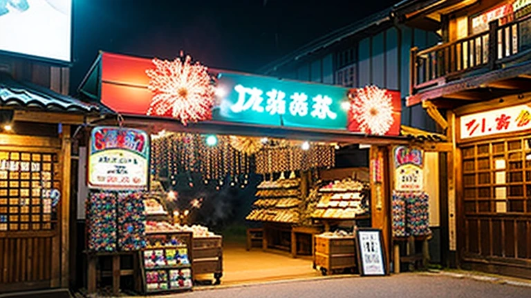 Countryside summer festival、Gion Festival、Opening a store、stall、firework、The kids、