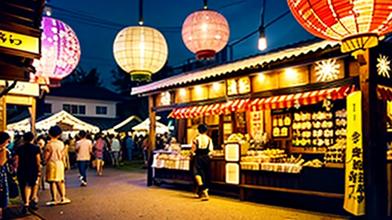 Countryside summer festival、Gion Festival、Opening a store、stall、firework、The kids、
