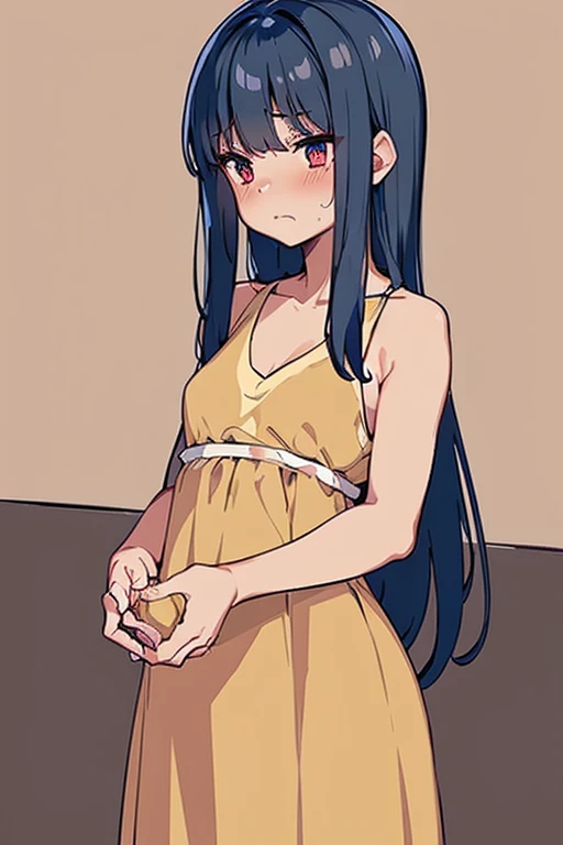 ((best quality)), ((masterpiece)), (detailed), perfect face, tan skin anime girl in a deep V Neck top, (???? shoulders), (long skirt), famished in hunger, (gently resting hands on stomach), (long hair), (hands on her stomach), (embarrassed expression)