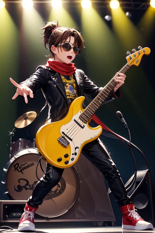 Rody Soul my hero academy is a young boy with spiky brown hair with a short ponytail gray eyes and sun tanned skin. He wears a red scarf and a pair of sunglasses on his head bad pop Star rock clothing black jacket with yellow rays black latex pants black tennis shoes with yellow rays print holding a yellow and black electric bass while singing in a background of a stage with multiple musical notes yellow tufted horse