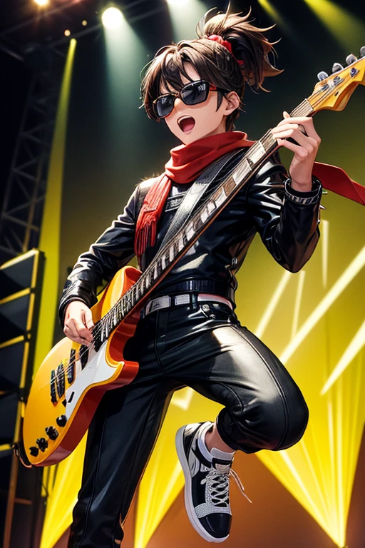 Rody Soul my hero academy is a young boy with spiky brown hair with a short ponytail gray eyes and sun tanned skin. He wears a red scarf and a pair of sunglasses on his head bad pop Star rock clothing black jacket with yellow rays black latex pants black tennis shoes with yellow rays print holding a yellow and black electric bass while singing in a background of a stage with multiple musical notes yellow tufted horse