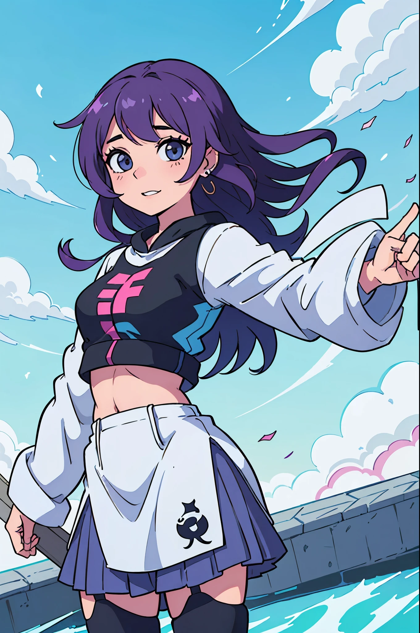 (melhor qualidade:0.8) perfect anime illustration, Um bonito, mulher feliz com piercings nas orelha,cabelo curto e pintado de toxo nas ruas da cidade,