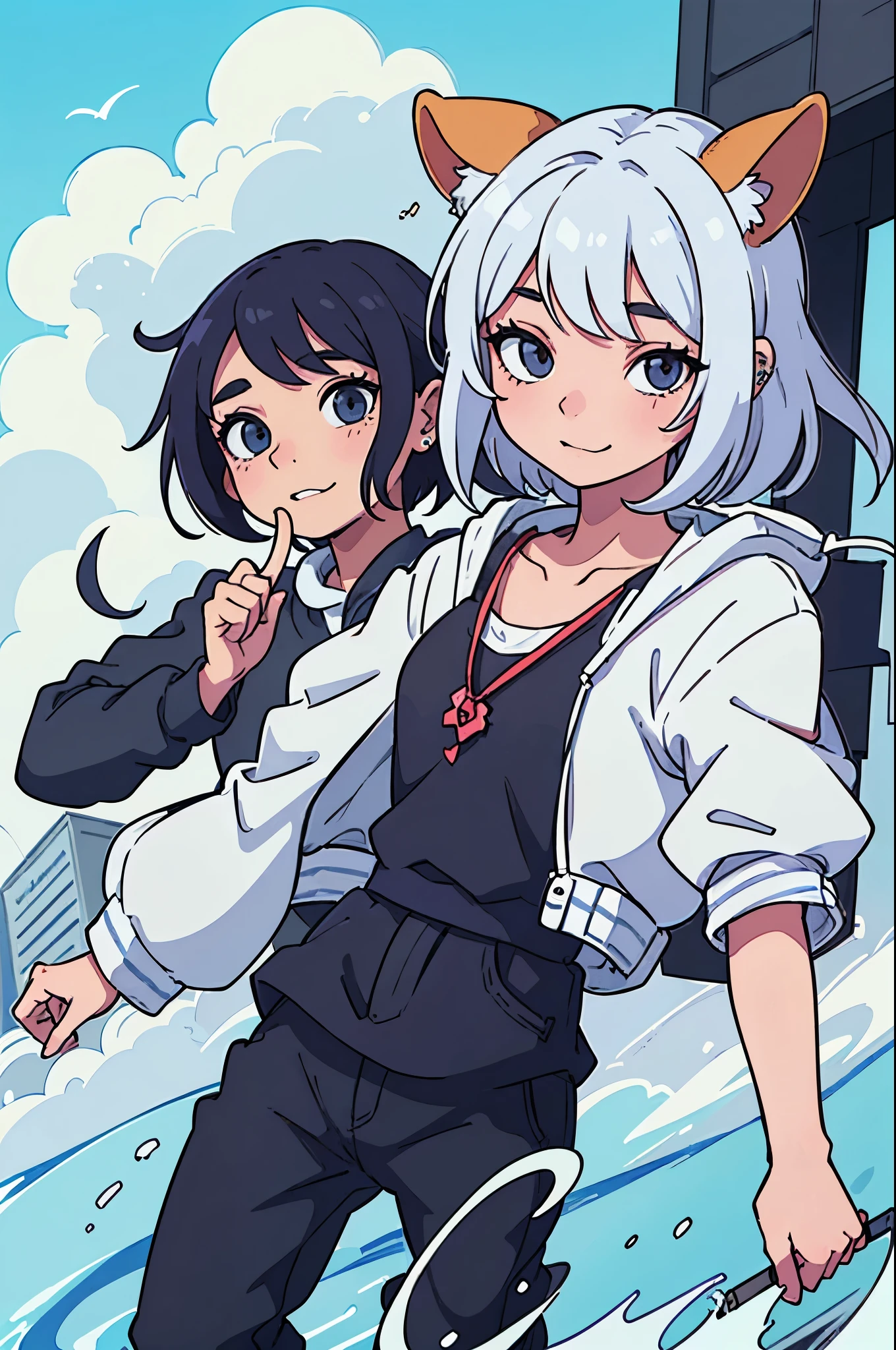 (melhor qualidade:0.8) perfect anime illustration, Um bonito, mulher feliz com piercings nas orelha,cabelo curto e pintado de toxo nas ruas da cidade,