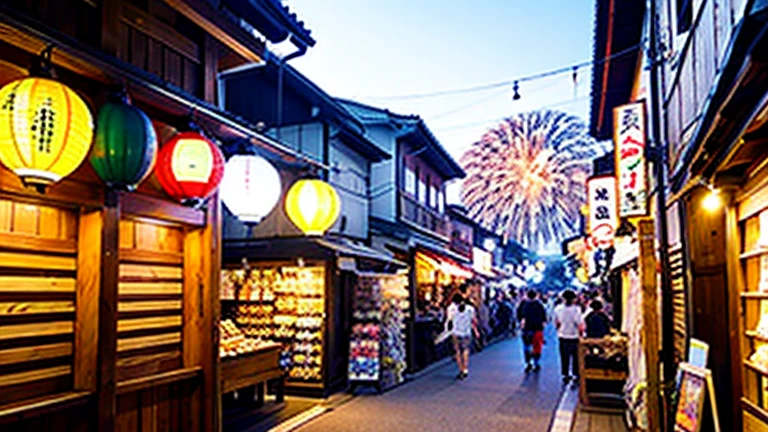 Countryside summer festival、Gion Festival、Opening a store、stall、firework、The kids、