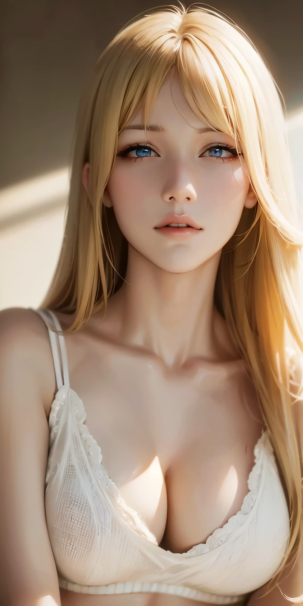 Photorealistic, Realistic, elegant, adult woman, long neck, long blonde hair, bangs, casual shirt, cleavage, soft light, high quality, 4k resolution