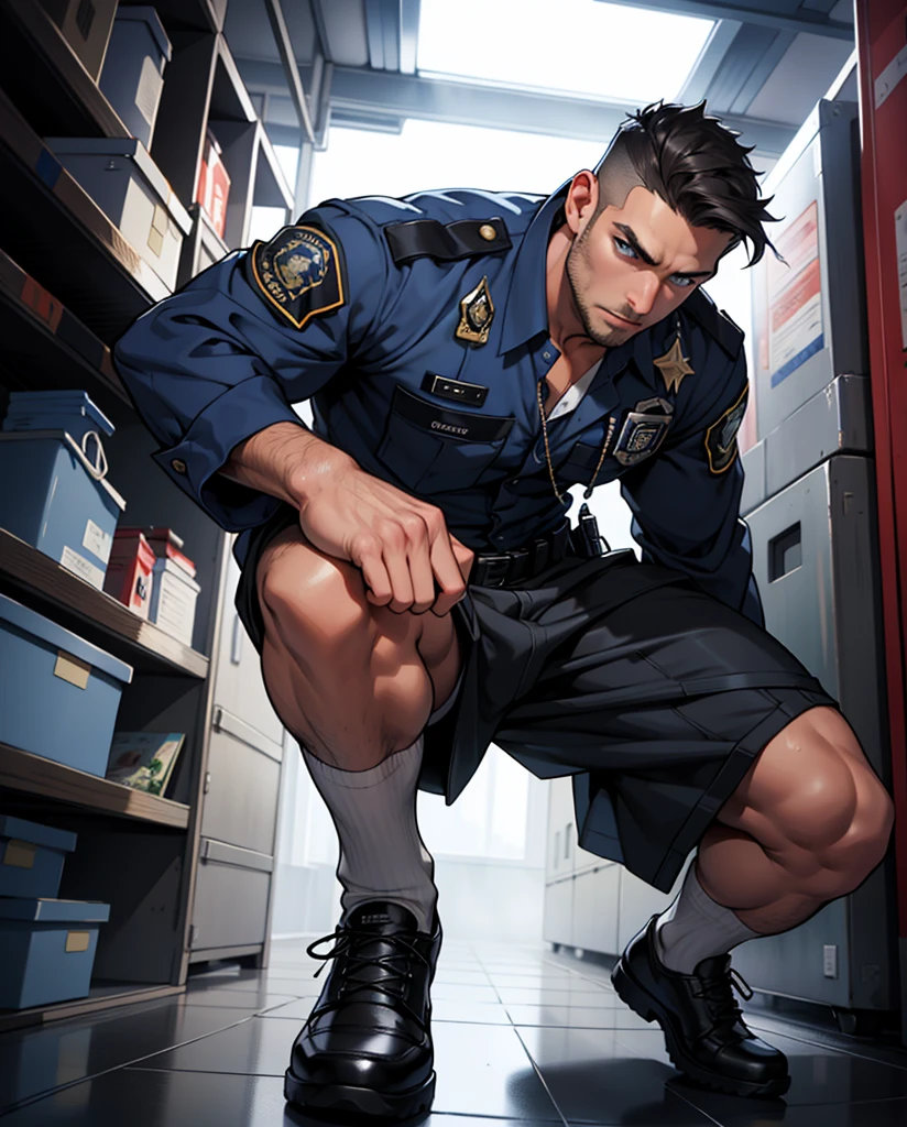 masterpiece, best quality, face, natural eyes, 1man, european, big feet, black socks, full body, a man in police tactical uniform , large bulge, long legs, looking at viewer, 30 years old, muscled and mature, short haircut, open chest, shirt button undone, blue eyes, flush, organism, face covered with white fluids, sweating, tight cloth, erecting