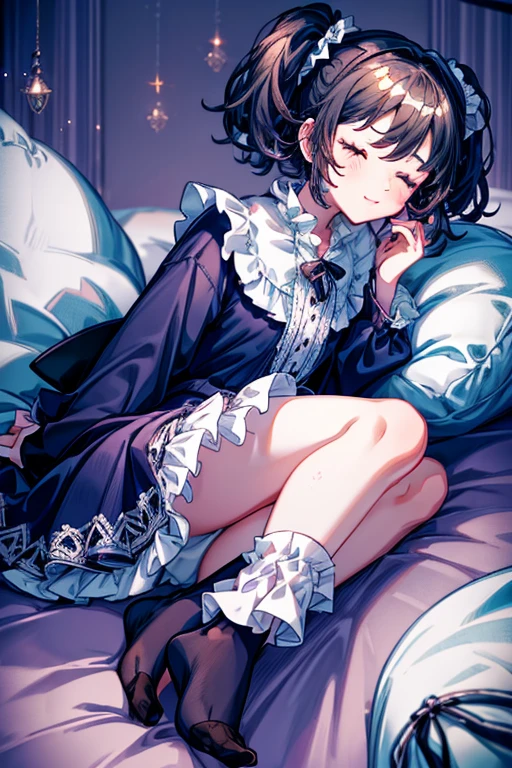 a close up of a girl smiling, fleece nightgown,  clothes, fantasy outfit, ****ta style, cutecore, closed eyes, laying on bed, frilly socks, short hair, black hair, pigtails, 