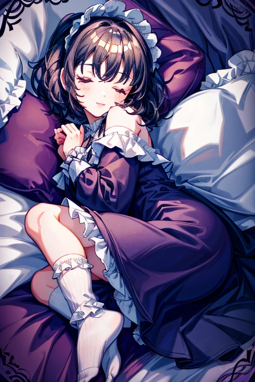 a close up of a girl smiling, fleece nightgown, clothes, fantasy outfit, ta style, cutecore, closed eyes, laying on bed, frilly socks, short hair, black hair, pigtails,