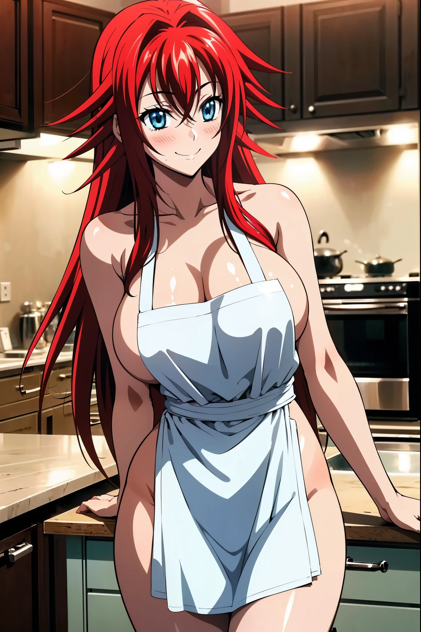 ((best quality)), bokeh BREAK (((1girl, rias gremory))), ((long hair, red hair, ahoge)), ((blue eyes)), ((smiling, blushing)), ((large breasts, beautiful breasts shape)), ((wide hips, thighs)), BREAK ((standing in the kitchen)), BREAK ((apron,naked apron)),