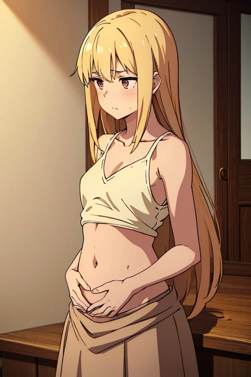 ((best quality)), ((masterpiece)), (detailed), perfect face, tan skin anime girl in a deep V Neck top, (bare shoulders), (long skirt), famished in hunger, (gently resting hands on stomach), (long hair), (hands on her stomach), (embarrassed expression)