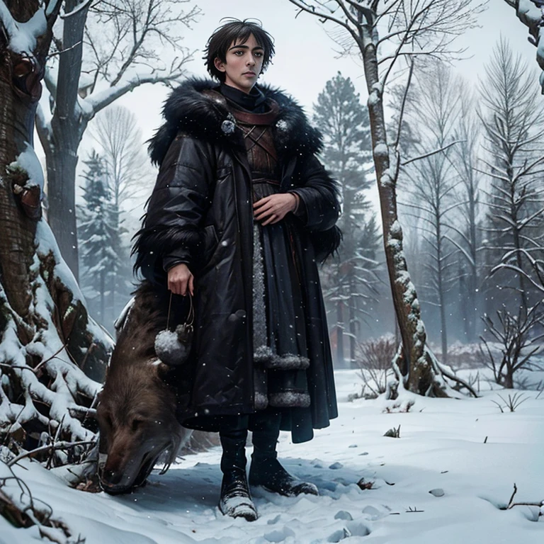 Bran stark Standing cold and rigid in a windy weather full of snow. He is found inside the giant tree full of roots, around him his wolf, as well as his strangeness, and he sees everything everywhere, and he knows that he has a great challenge, as he is the salvation of the human world. 