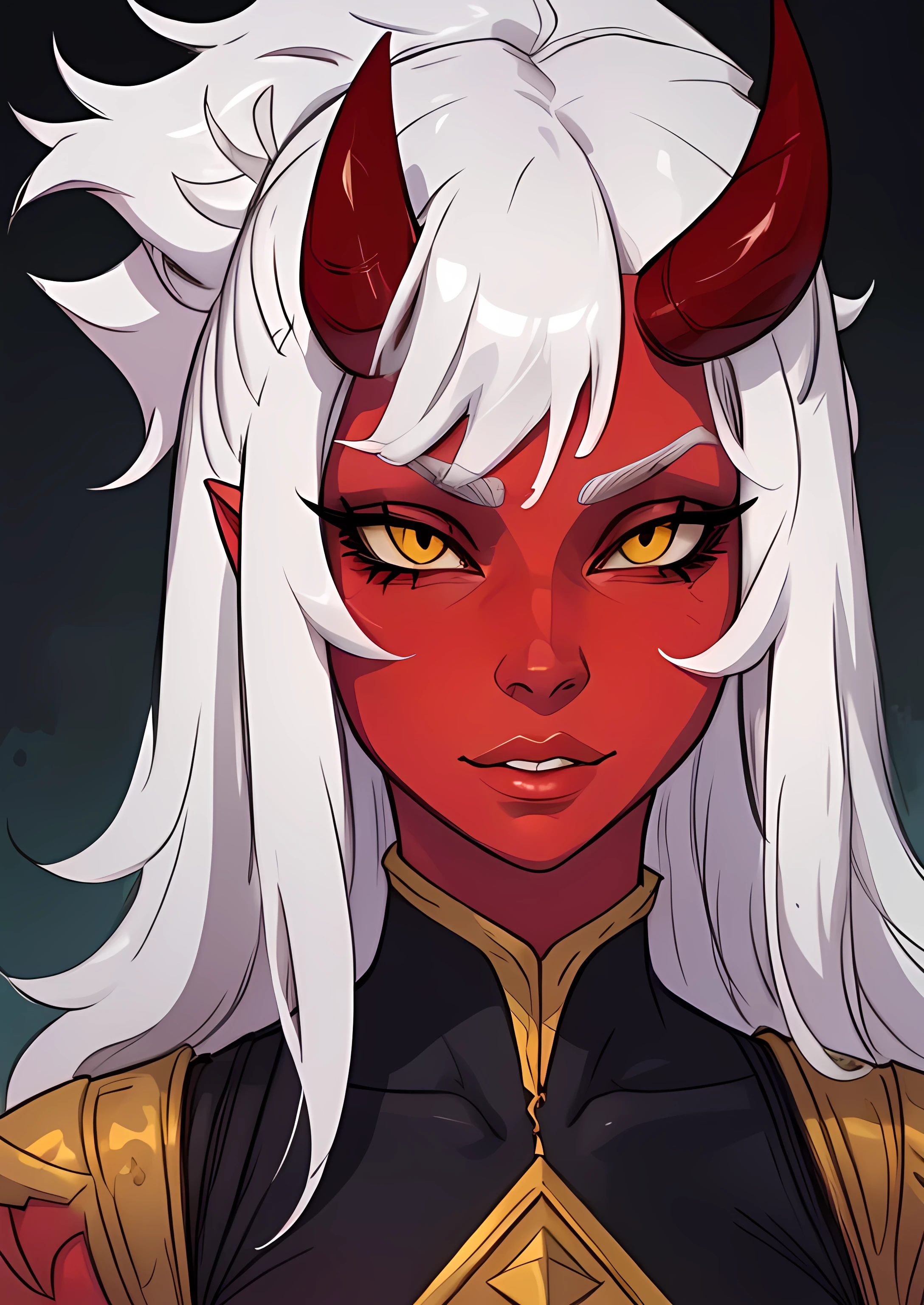 masterpiece, best quality, 1female, face portrait, 1girl, long horns, white hair, red skin, yellow eyes