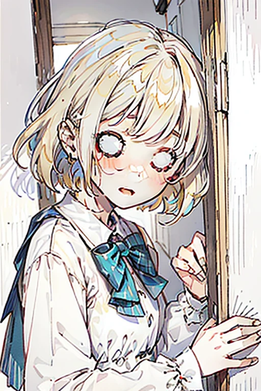 Girl peeking through door, 8k, masterpiece, light watercolor, rich ink, Chiaroscuro, traditional media, highly detailed, white background, High key, redscale, 1girl, stunned, upper body, solo, looking at viewer, short hair, open mouth, white eyes, blonde hair, long sleeves, dress, blue_ bow, bowtie, (wide-eyed), female focus, reflections, red sunlight 