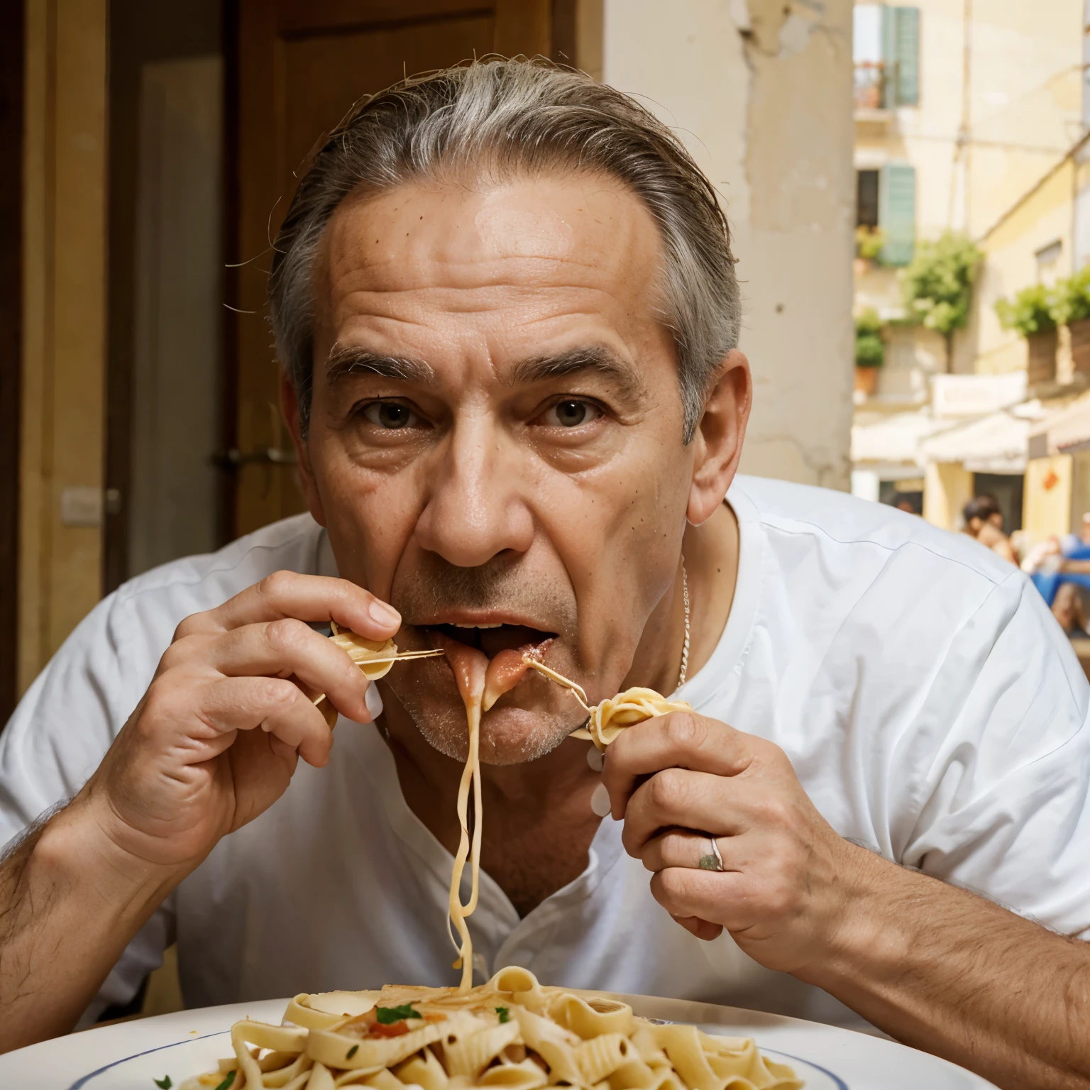 Italian white senior man with big nose eating pasta while shouting