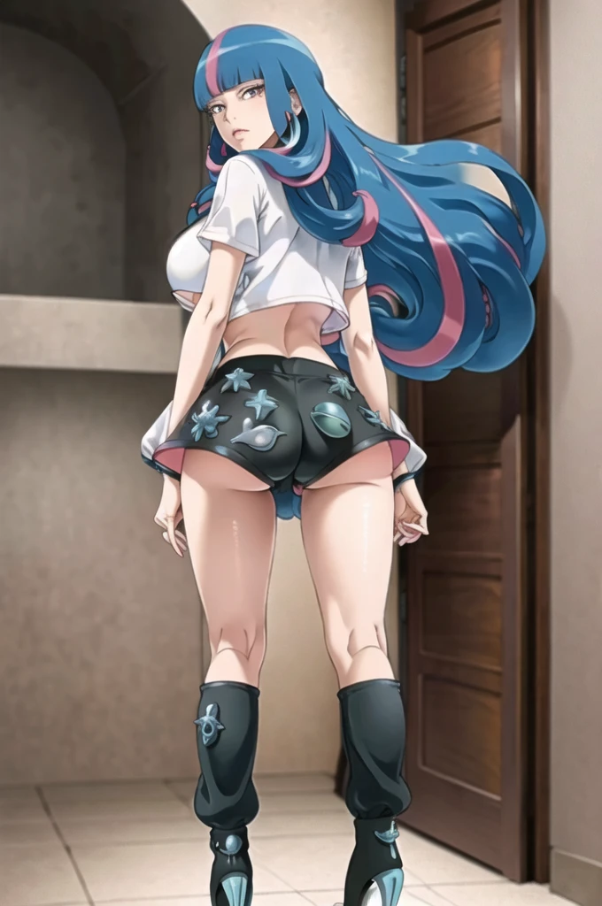 ((best quality)), ((highly detailed)), ((official art)), detailed face, (detailed eyes:1.3, deep eyes), (eida), long hair, bangs, blue eyes, blue hair, pink hair, multicolored hair, earrings, blunt bangs, two-tone hair, streaked hair, seductive, hoop earring, high heels, thigh gap, medium breasts, closed mouth, sharp focus, tonemapping, short high waisted pants, ass cheeks, underboob crop top, sexy pose, full body, from behind