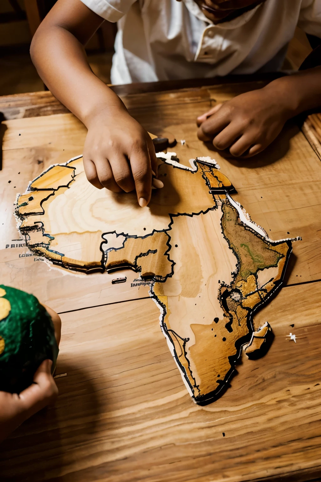 Make a drawing or african continent. Include inside the map show kids hand putting together a wooden puzzle as used in montessouri schools. Show the entire african continent. Show the imagine of the entire continent of african.