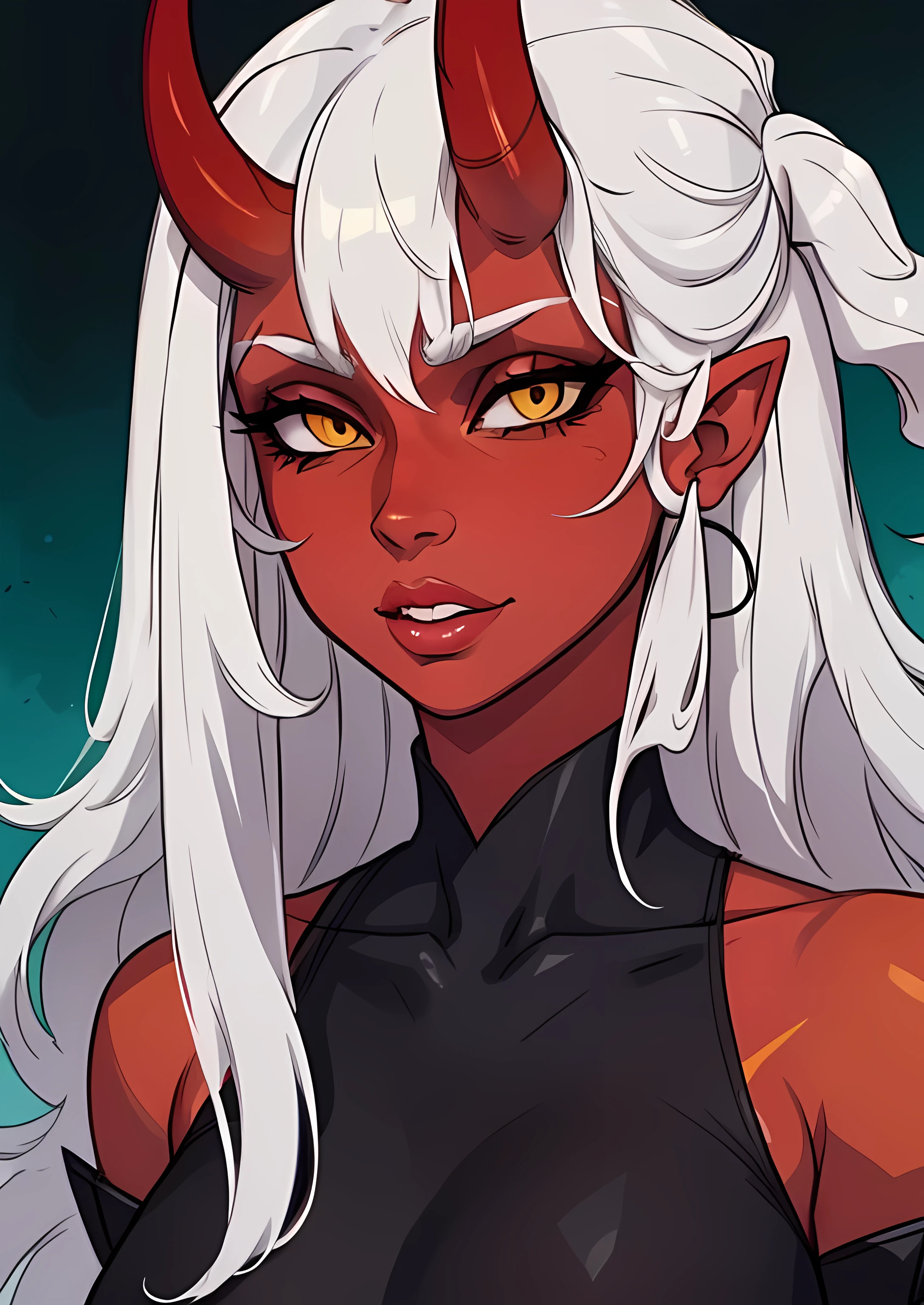 masterpiece, best quality, 1female, face portrait, 1girl, long horns, white hair, red skin, yellow eyes