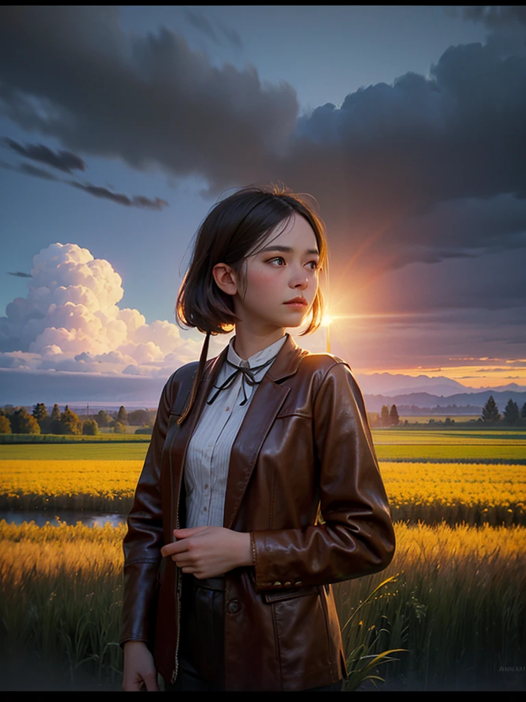 (realism: 1.3), big, quality, Rembrandt lighting, (masterpiece: 1.2), (realism: 1.2), (Best quality), (Leather details: 1.3), (the hard part), dramatic, idyllic, ray tracing, 1 girl, Chinese yellow girl, long black hair, young-handsome ************, modern clothes (Meadow, Sun, clouds, fields, farms, star Light,