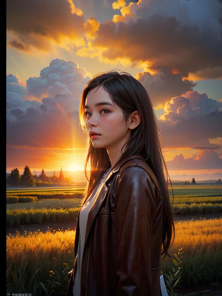 (realism: 1.3), big, quality, Rembrandt lighting, (masterpiece: 1.2), (realism: 1.2), (Best quality), (Leather details: 1.3), (the hard part), dramatic, idyllic, ray tracing, 1 girl, Chinese yellow girl, long black hair, young-handsome , modern clothes (Meadow, Sun, clouds, fields, farms, star Light,