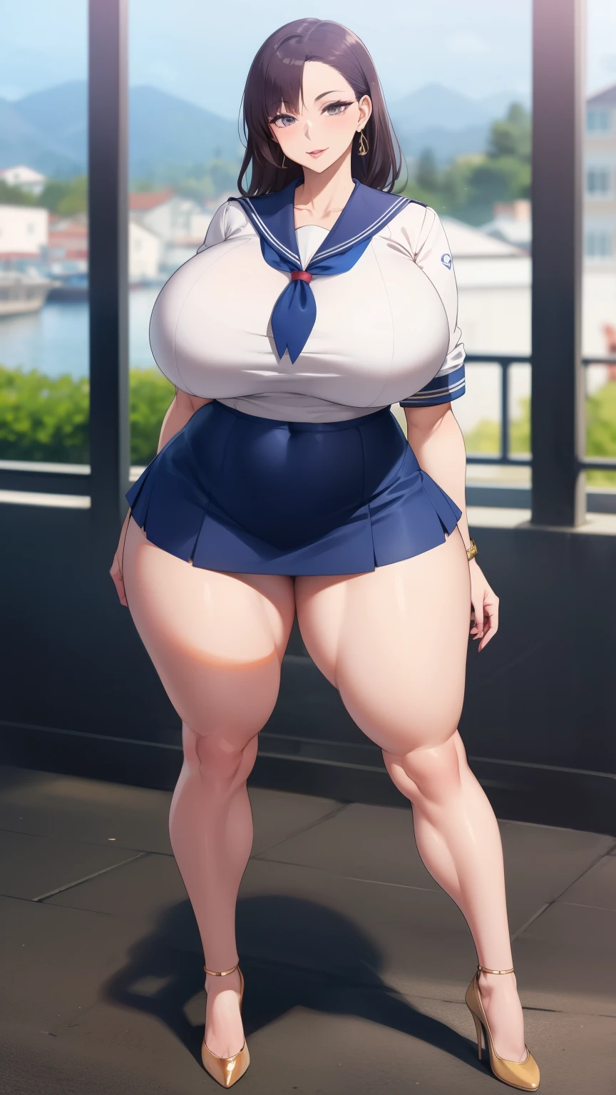 Big Breasts, Big Hips, Full Body Shot, Mature mother, Voluptuous thighs, ox, Seductive mature woman, Perfect body, Plus Size Model, Sailor suit, Wearing high heels,Miniskirt Uniform,