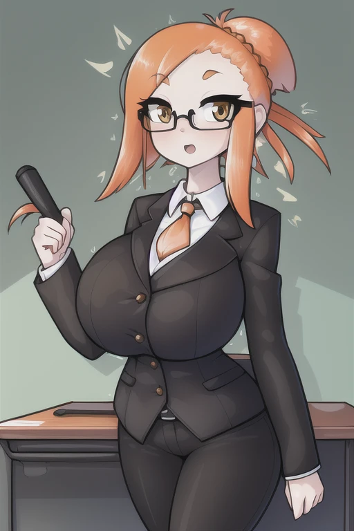 masterpiece, best quality, detailed, limebreaker, 1girl, solo, orange hair, single hair bun, frowned eyebrows, open mouth, glasses, speaking, suit, tie, long sleeves, standing, (conference desk:1.2), (microphones:1.0), (gigantic round tits:1.3)