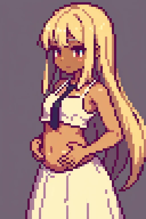 ((best quality)), ((masterpiece)), (detailed), perfect face, tan skinned anime girl in a deep V Neck front-tie top, (bare shoulders), (long skirt), famished in hunger, (gently resting hands on stomach), (long hair), (hands on her stomach)