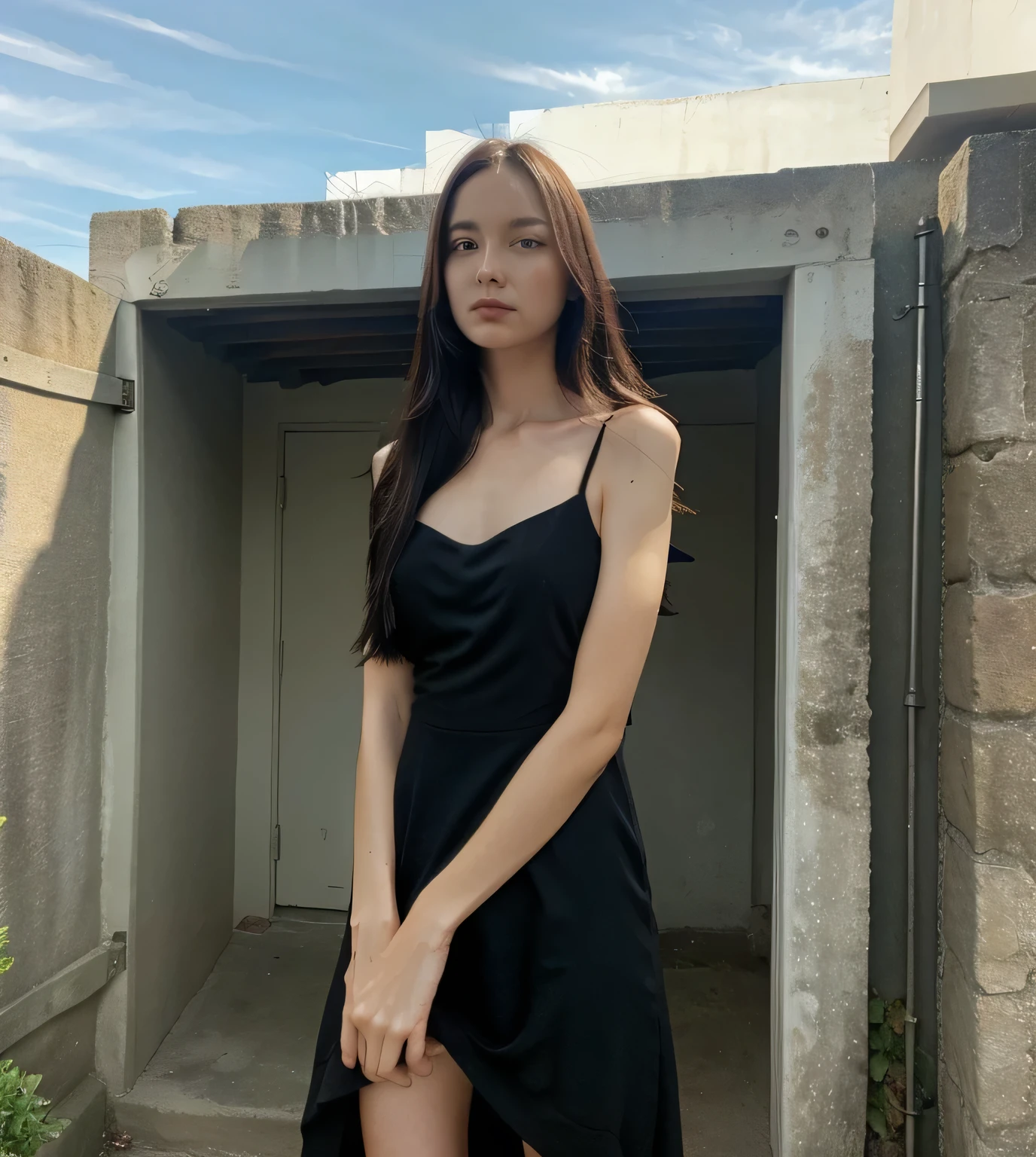 Tall girl, long, black, straight hair, serious expression, stylish dress, sun behind her