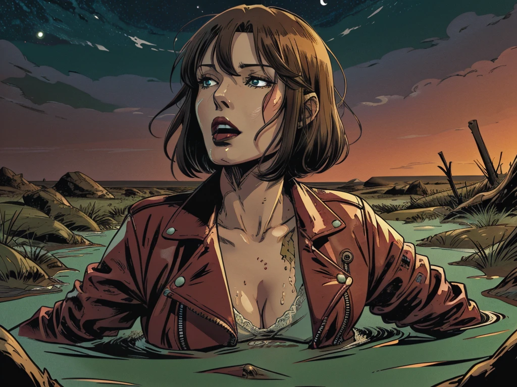 vector image, anime, mature bob-cut woman head, gloomy orgasm, rubber biker jacket, drowning in the middle of quicksand bog, green,red lips, blue, night-sky