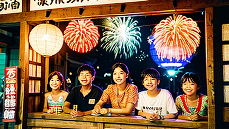 Countryside summer festival、Gion Festival、Opening a store、stall、firework、firework大会、The 、Cute kids