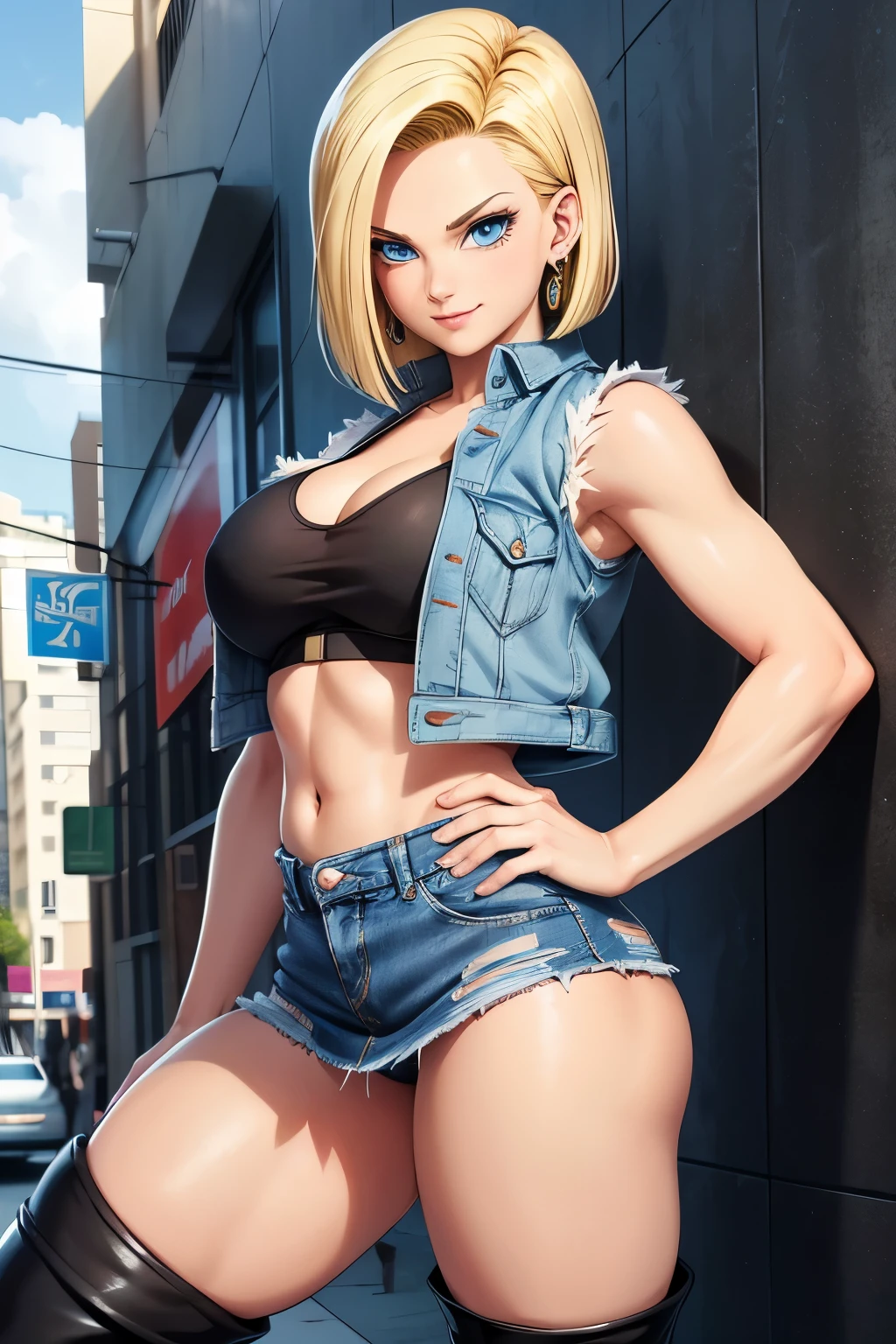 Best Quality, Android 18, Solo, Blonde hair, Blue eyes, Short hair, A smile, earrings, Jewelry, Denim Vest, open vest, black bra, Denim miniskirt, Black knee-high boots, big breasts, Pose with your buttocks sticking out and turning around, Street