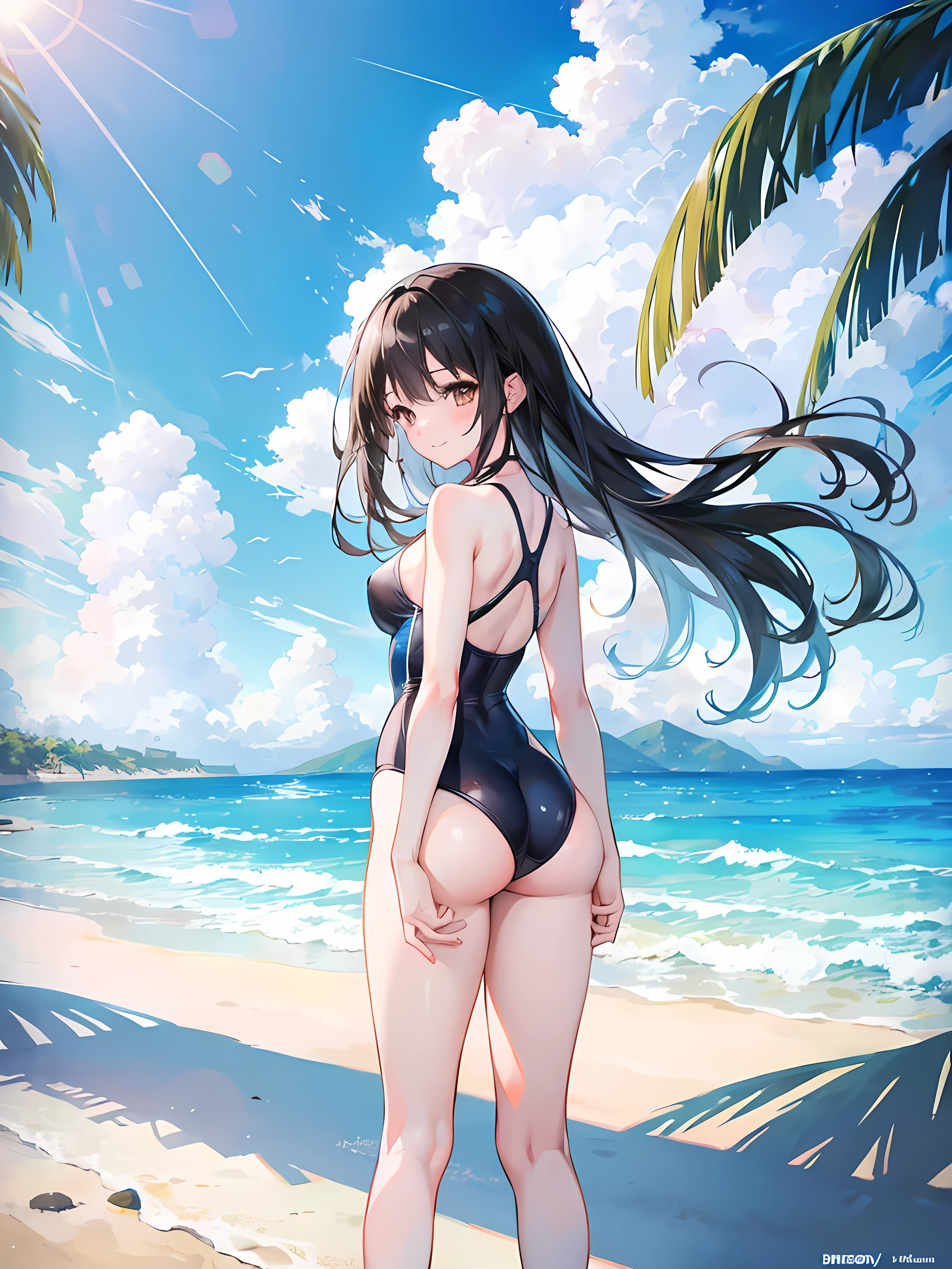 anime girl standing on a beach, ocean in the background, waves, clear water, beautiful sky, beautiful sunlight, wind, (1girl), wearing a swimsuit, long black hair, brown eyes, looking from behind, large ass, light blue swimsuit, smile, blushing, masterpiece, high res, 8k