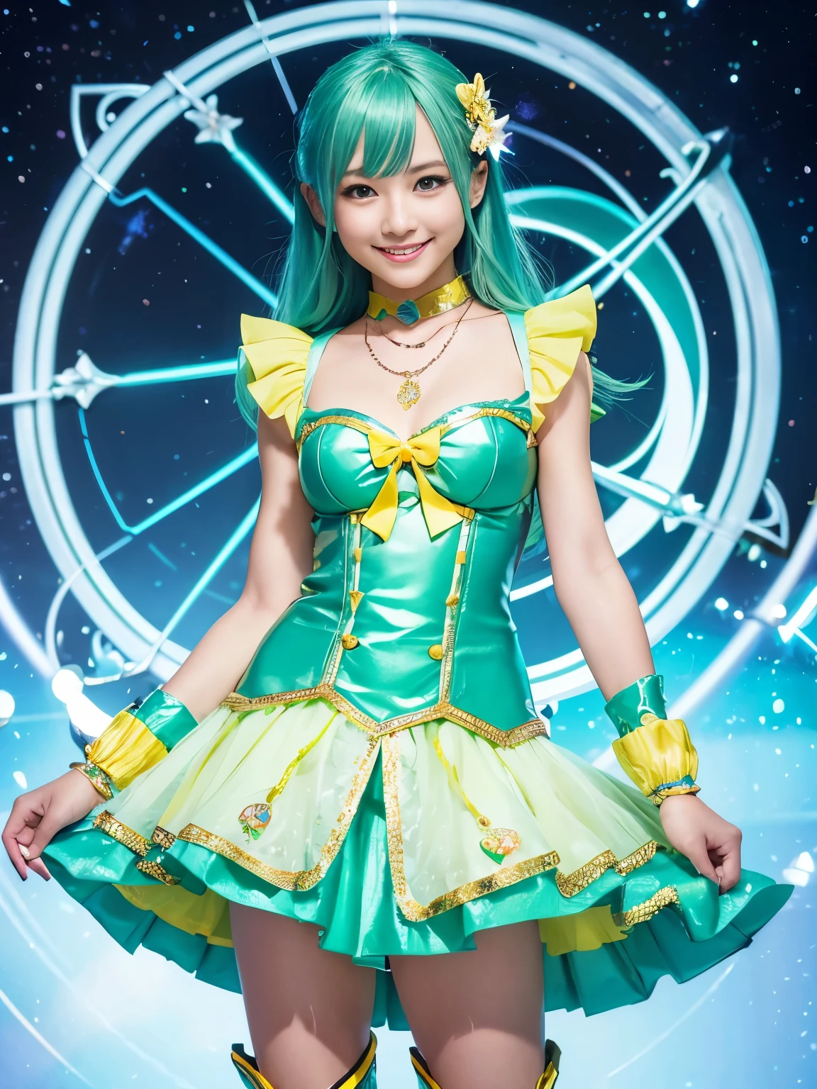 (highest quality, High resolution, masterpiece:1.2), Very detailed, Realistic:1.37, (Perfect Anatomy),1 girl,Shot of a female cowboy, Cute and beautiful Japanese idols, 20-year-old, Very cute face,Beautiful Eyes,Beautiful Skin,Detailed facial expressions,(Transform into a cute magical girl:1.1),, (Beautiful Eyes),(Futuristic shiny mint green and yellow hyper magical girl suit and skirt with futuristic boots:1.1),Tight fit,smile,Mystical Necklace,Tied Hair,(smile,)Intricate decorative details,