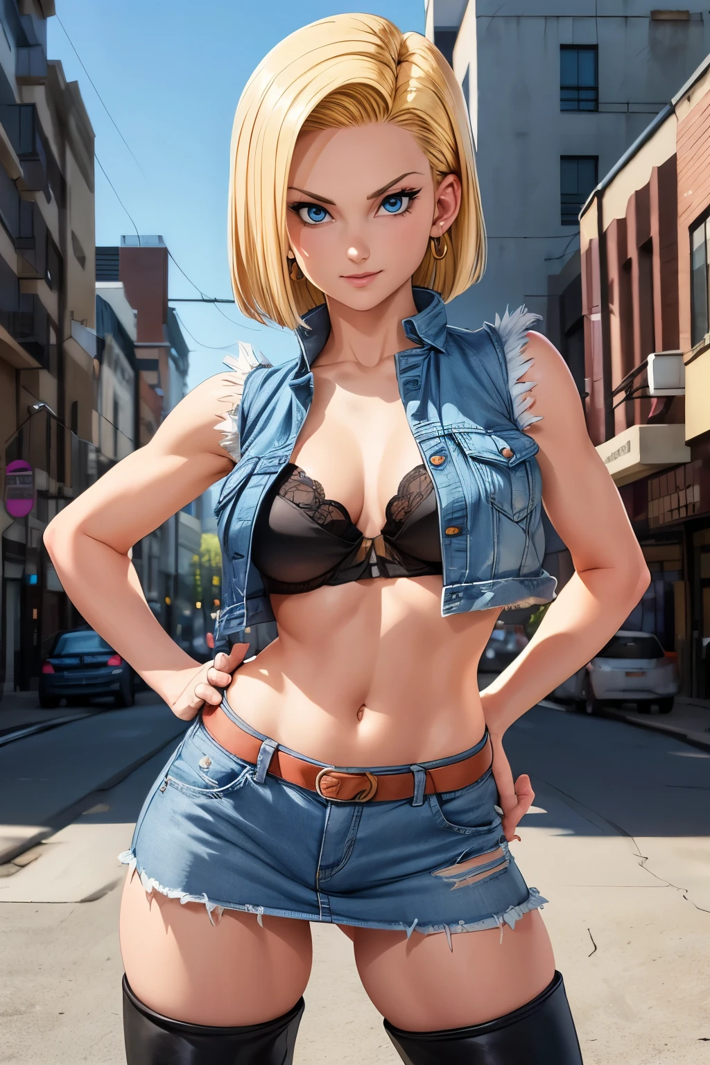 Best Quality, Android 18, Solo, Blonde hair, Blue eyes, Short hair, A smile, earrings, Jewelry, Denim Vest, open vest, black bra, Denim miniskirt, Black knee-high boots, big breasts, Pose with your buttocks sticking out and turning around, Street