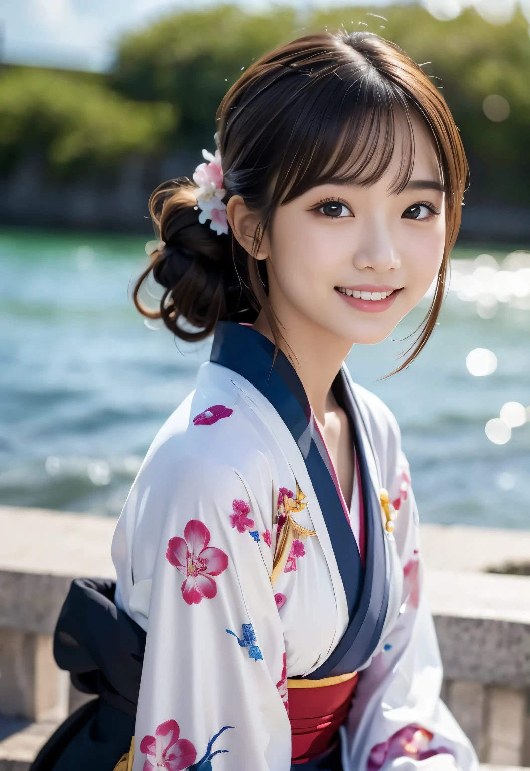 masterpiece, best quality:1.1), (8k, raw photo, photo realistic:1.2, f22), (shiny skin), detailed skin,Bun Hair,detailed face, detailed eyes,smile,BREAK, real world, intricate details, smil, BREAK, 1girl, full body,(kimono)BREAK, (okinawa:1.4)