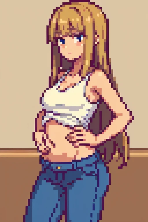 ((best quality)), ((masterpiece)), (detailed), perfect face, tan skin anime girl in a deep V Neck top, (bare shoulders), (jeans trousers), famished in hunger, (gently resting hands on stomach), (long hair), (hands on her stomach), (embarrassed expression)