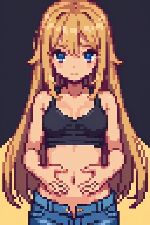 ((best quality)), ((masterpiece)), (detailed), perfect face, tan skin anime girl in a deep V Neck top, (bare shoulders), (jeans trousers), famished in hunger, (gently resting hands on stomach), (long hair), (hands on her stomach), (embarrassed expression)