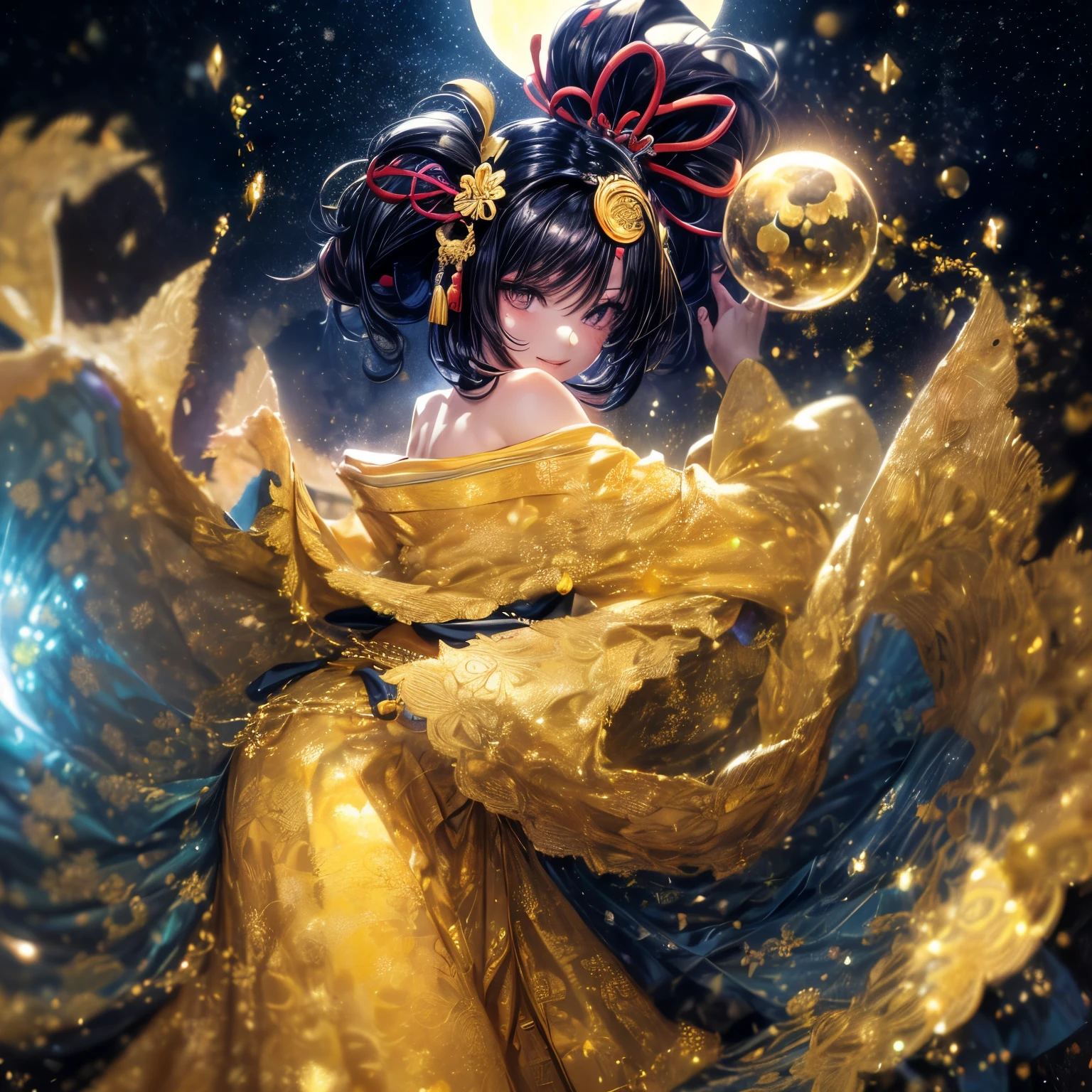 ((mate piece)), ((close-up)), (girl: 1.2), (???????????), (black hair, short cut: 1.3), (cute pose: 1.2), plump, glossy lips, beautiful clear eyes, ( Best Smile), Spoken Heart, (Perfect Hands: 1.2), (Gold Theme: 1.4), (With Oiran: 1.3), (Maxi Length Black Kimono [with Gold]) Obi: 1.4), (Delicate Gold Embroidery and Flashy pattern: 1.3), (Off shoulder: 1.4), (Clogs: 1.2), (Flashy hair ornament: 1.3), (Super huge ribbon in front: 1.2), Waist: 1.3), Low angle shot, Golden Hold the ball in your hand, (Enchanting Light, Moonlight: 1.4), Golden swirls and filigree, Rainbow colored bubbles, Fantastic sparkle, Magical hologram sparkle, Must-have, Top quality, Super Detail, Masterpiece,