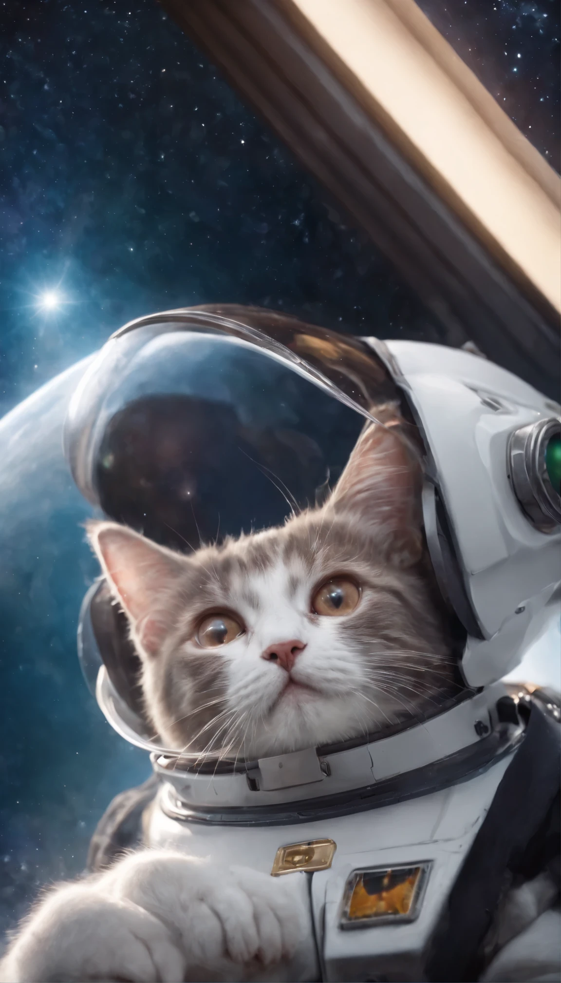 with high definition images,A scene from the Gundam movie,Anime-style illustration of a space boy and girl with a fluffy kitten。Official fan art of exploring the depths of space in a shiny spaceship。The boys and girls are dressed in suits decorated with stars and planets.、Eyes wide open in awe、Gazing at the starry sky。A little kitten dressed in an astronaut costume、He peers curiously out of the cockpit window.。Vibrant colors and fine details、With lightness and cuteness、Enhances the excitement of deep space exploration。The galaxy swirls around it in breathtaking cosmic beauty.。