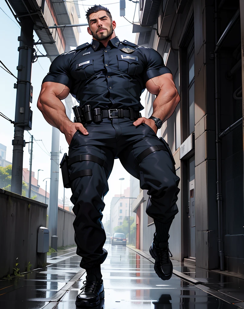 An imposing european man walkin, natural eyes, big feet, black socks, full body, a man in police tactical uniform , slim waist, large bulge, long legs, looking at viewer, 30 years old, muscled and mature, short haircut, open chest, shirt button undone, blue eyes, flush, sweating, tight cloth