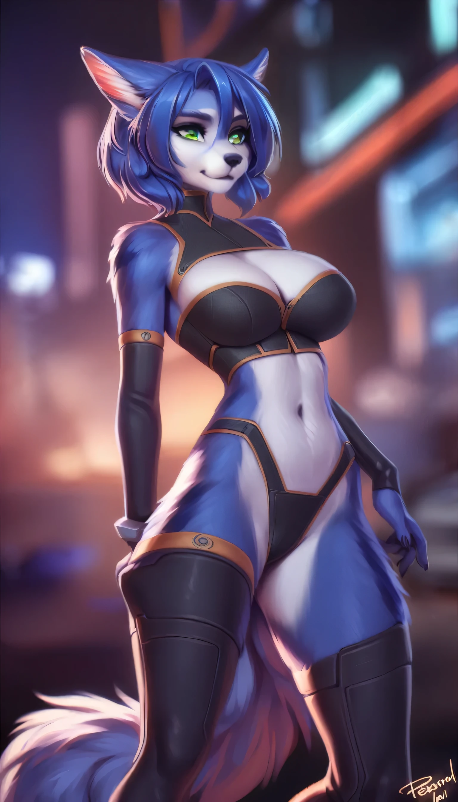 A beautiful and detailed (sweet portrait) von ((Krystal)), (solo), Sternenfuchs Krystal, Schlank, liebenswert, Blue tail, Green eyes, furry fox, anthro fox, bequeme Kleidung, Dekollete, Grinsen, hoch schauen, cyberpunk, Hochgeladen E621, detailed flauschige fur, (von Fluff-Kevlar, Bayard Wu, personalami, Pino Daeni), detailliertes Gesicht, (flauschige), 1girl, Allein, kein Wasserzeichen, huge breasts. dynamic pose. ass focus